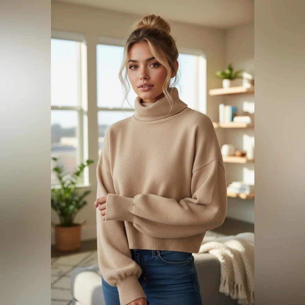 Aritzia Wilfred Rebecca Cropped Turtleneck Sweater Wool Cotton Light Birch L